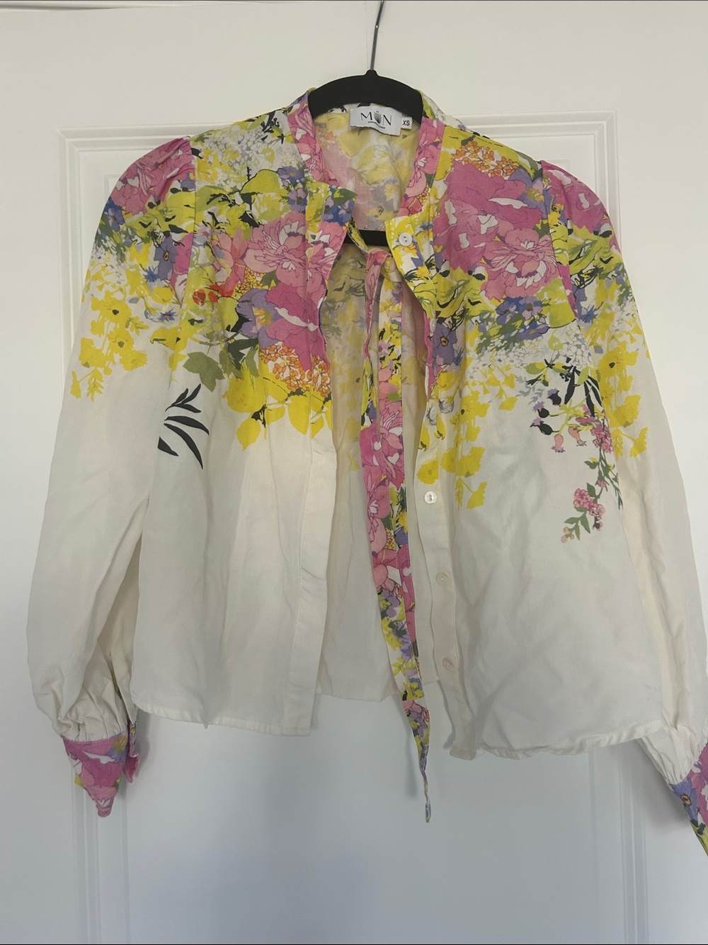 M.N. Floral Tie-Neck Blouse - White with Pink & Yellow Flowers